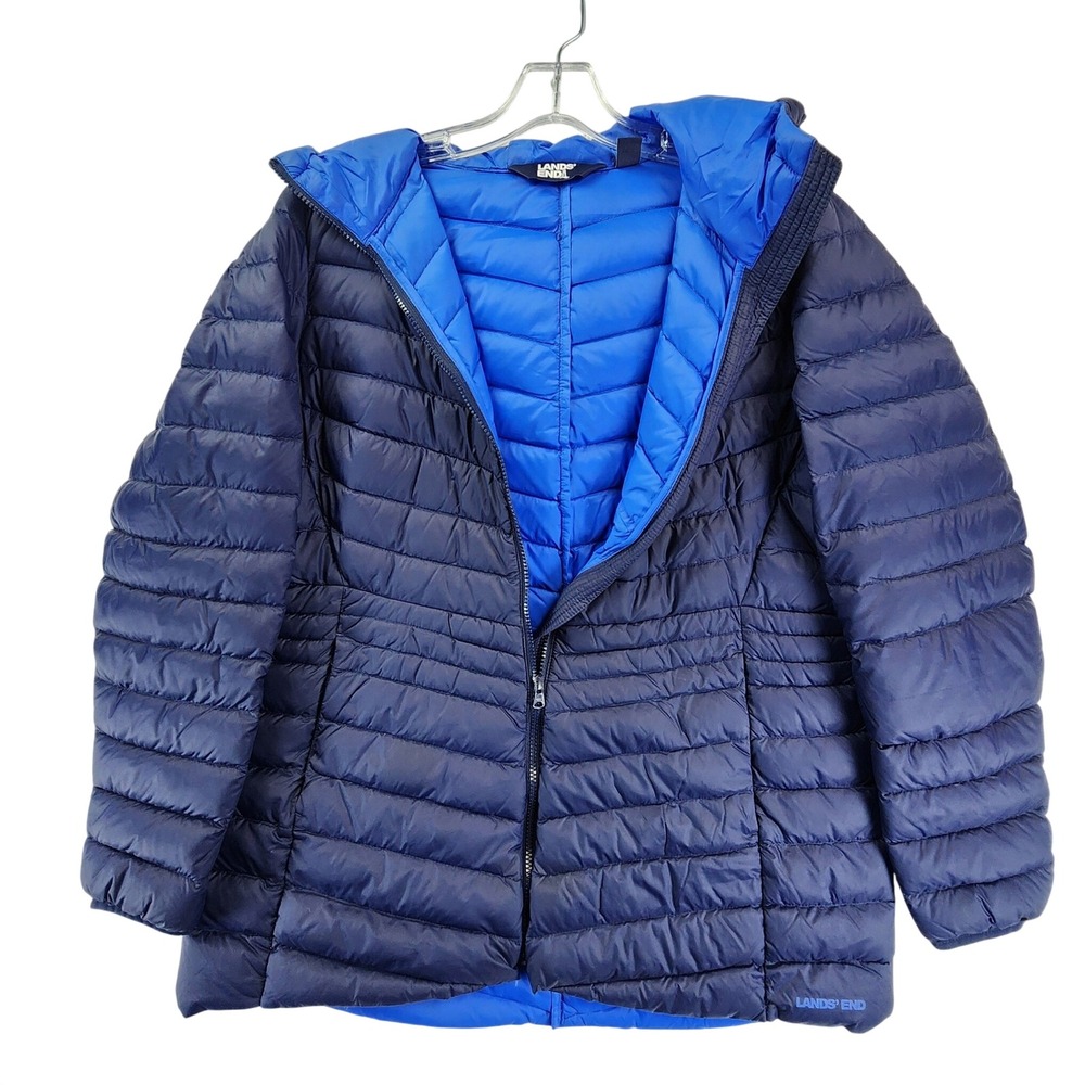 Lands' End Girls L 14-16 Navy Blue Hooded Puffer Jacket Down Fill Winter Quilted
